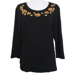 Onque Casuals Black Halloween Sequined Pumpkin Shirt Women’s Size Extra Large XL
